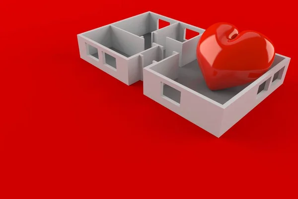 Cuore All Interno Della Casa Piano Isolato Sfondo Rosso Illustrazione — Foto Stock