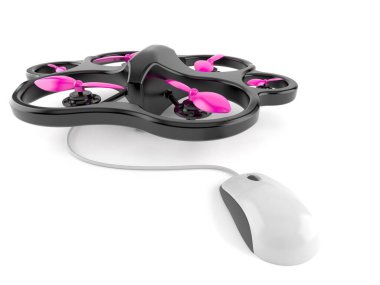 Beyaz arka planda bilgisayar faresi olan dron. 3d illüstrasyon