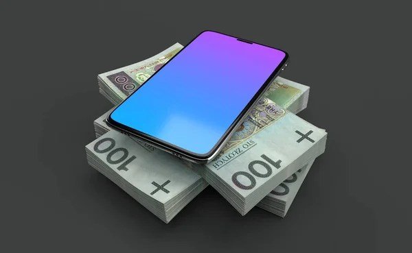 Smartphone Moeda Zloty Polonês Fundo Cinza Ilustração — Fotografia de Stock
