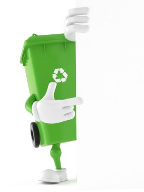 Beyaz duvarın arkasındaki çöp tenekesi karakteri beyaz arka planda izole edilmiş. 3d illüstrasyon