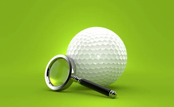 緑の背景に虫眼鏡のゴルフボール 3Dイラスト — ストック写真