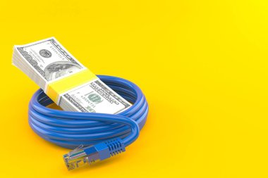 Turuncu arka planda izole edilmiş ağ kablosu olan dolar birimi. 3d illüstrasyon