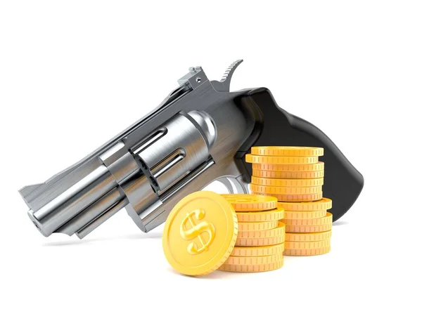 Пистолет Стопкой Монет Изолированных Белом Фоне Иллюстрация — стоковое фото