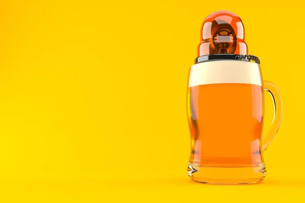 Glass of beer with emergency siren isolated on orange background. 3d illustration