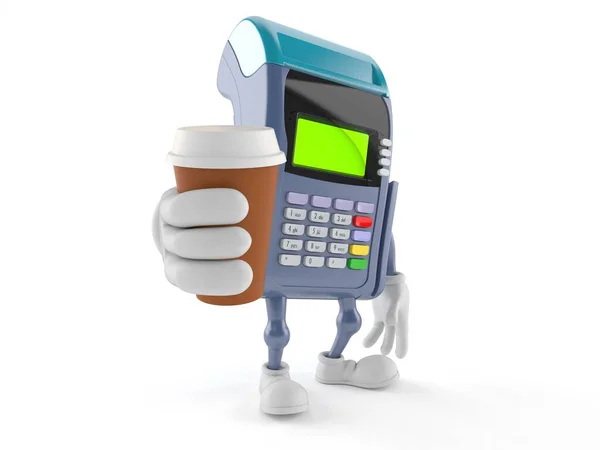 Credit Card Reader Character Holding Coffee Cup Isolated White Background — Stock Photo, Image