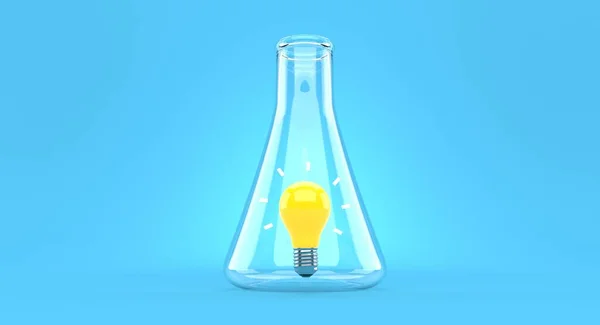 Light bulb inside chemistry flask on blue background. 3d illustration