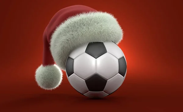 Fußball Mit Weihnachtsmütze Auf Rotem Hintergrund Illustration — Stockfoto