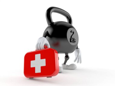 Kettlebell karakteri beyaz arka planda ilk yardım çantasını tutuyor. 3d illüstrasyon