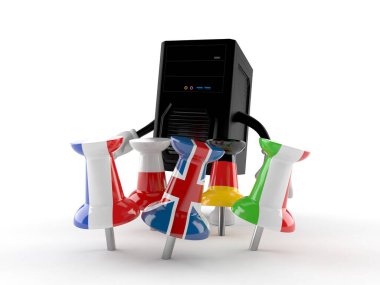 Bayraklarda raptiyesi olan bilgisayar karakteri beyaz arkaplanda izole edildi. 3d illüstrasyon