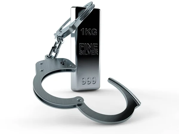 白の背景に隔離された手錠で銀のインゴット 3Dイラスト — ストック写真