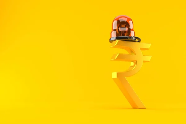 Rupee currency symbol with emergency siren isolated on orange background. 3d illustration