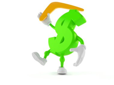Beyaz arka planda izole edilmiş bir bumerang fırlatan dolar karakteri. 3d illüstrasyon
