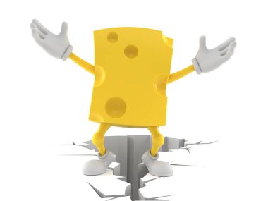 Çatlak zeminde duran peynir karakteri beyaz arka planda izole edilmiş. 3d illüstrasyon