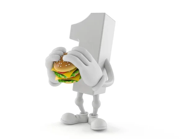 Personaje Número Uno Comiendo Hamburguesa Aislada Sobre Fondo Blanco Ilustración —  Fotos de Stock