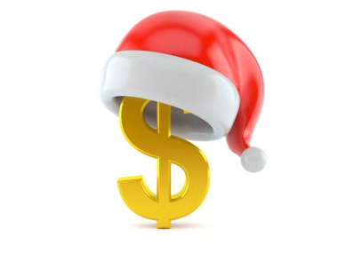 Beyaz arka planda izole edilmiş Noel Baba şapkalı bir dolar. 3d illüstrasyon