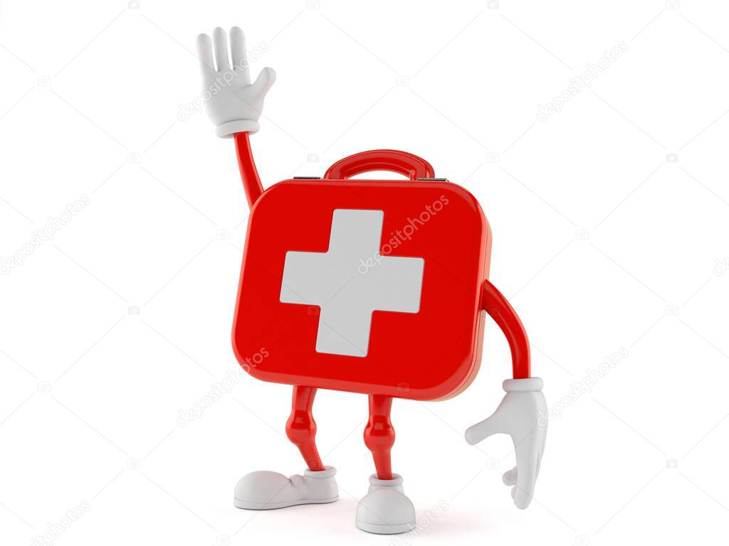 First aid kit character with hand up isolated on white background. 3d illustration
