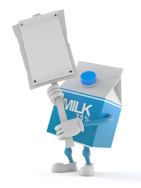 Süt kutusu karakteri beyaz arka planda izole edilmiş protesto işareti tutuyor. 3d illüstrasyon