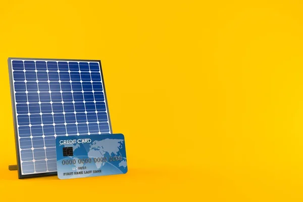 Photovoltaic panel with credit card isolated on orange background. 3d illustration