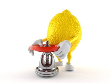 Beyaz arka planda kapakçığı olan limon karakteri. 3d illüstrasyon