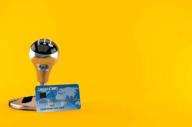 Gearshift with credit card isolated on orange background. 3d illustration clipart