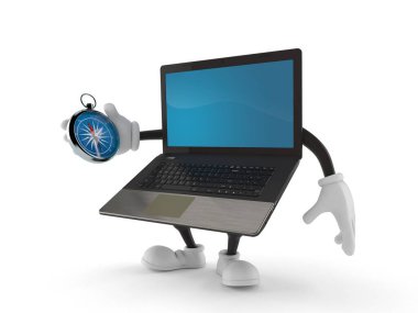 Laptop karakterinin pusulası beyaz arkaplanda izole edildi. 3d illüstrasyon