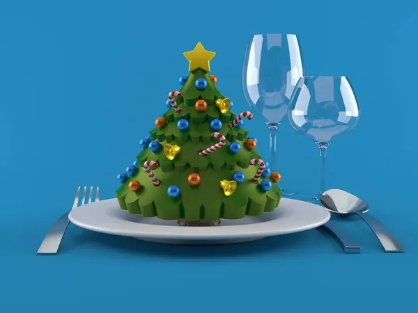 Arbre Noël Avec Assiette Couverts — Photo