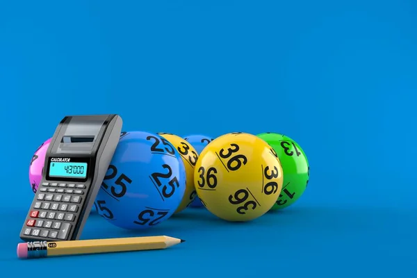 Bolas Lotto Com Calculadora Lápis Isolado Fundo Azul Ilustração — Fotografia de Stock