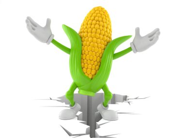 Çatlak zeminde duran mısır karakteri beyaz arka planda izole edilmiş. 3d illüstrasyon