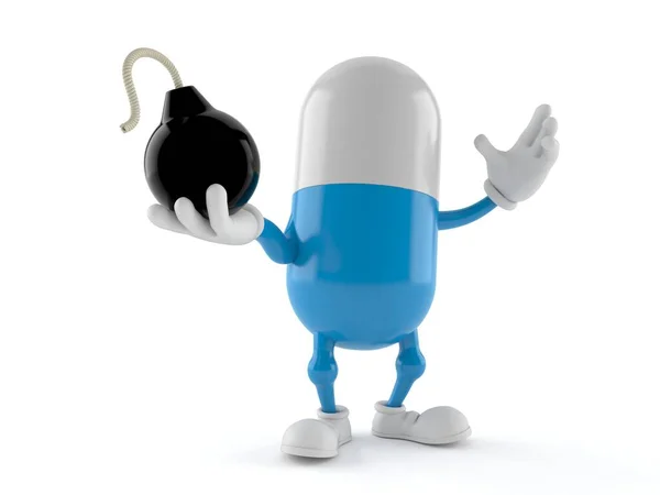 Pillola Personaggio Tenendo Bomba Isolata Sfondo Bianco Illustrazione — Foto Stock