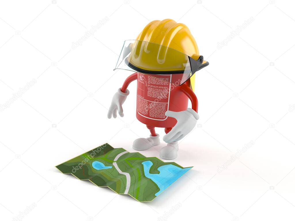 Fire extinguisher character looking at map isolated on white background. 3d illustration