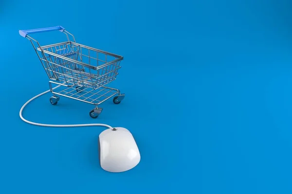 Carrinho Compras Com Mouse Computador Isolado Fundo Azul Ilustração — Fotografia de Stock