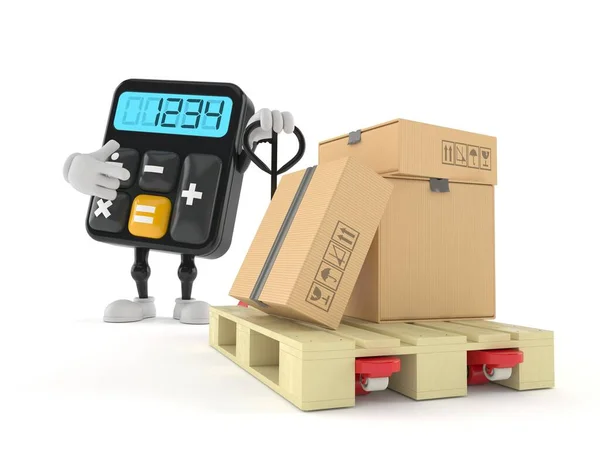 Calculator Character Hand Pallet Truck Cardboard Boxes Isolated White Background — Stock Photo, Image