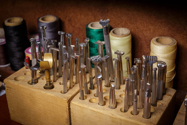 set of leather tools in the workshop