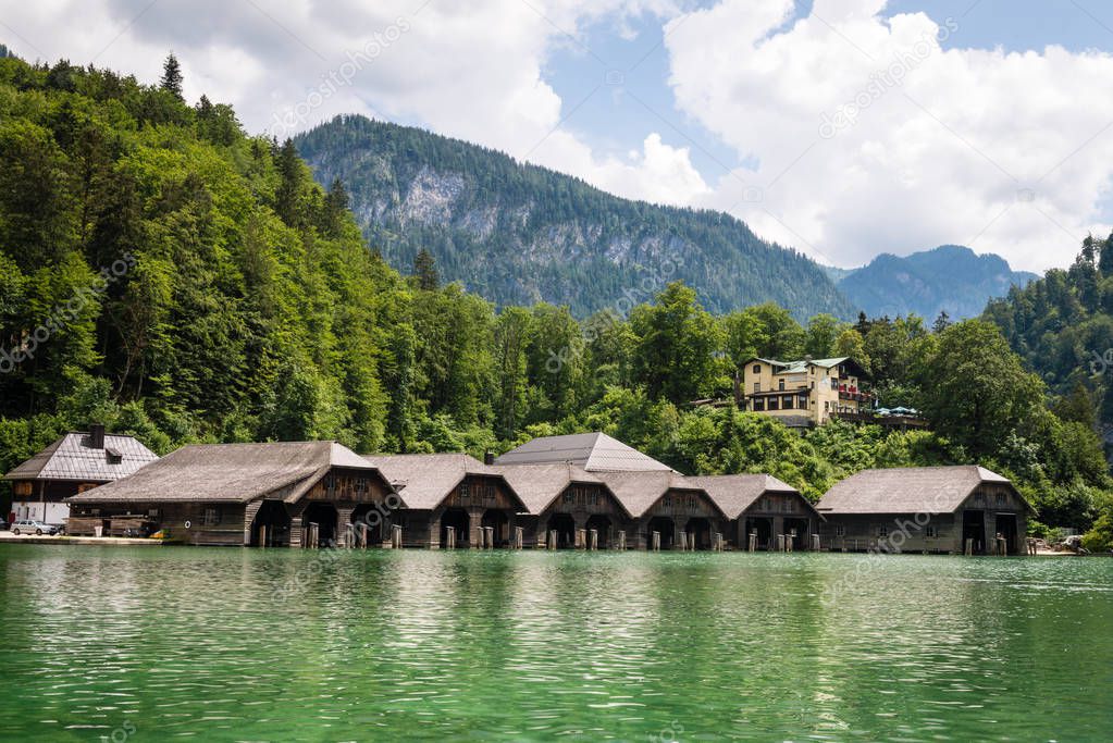 Natioanal park and fisherman houses in Koningssee, Alps.