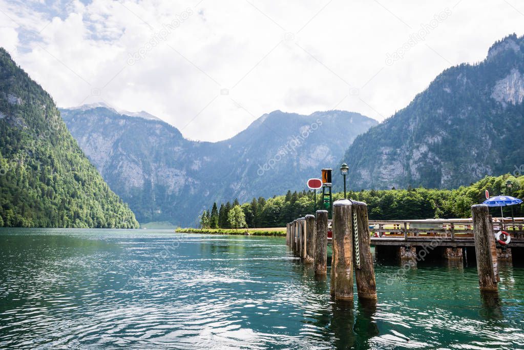 Koningssee lake in german Alps. Landscape view from the boat.