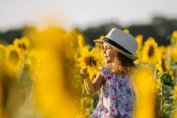 Gelukkig Meisje Het Veld Met Zonnebloemen Zomer Mooie Kleine Baby — Stockfoto