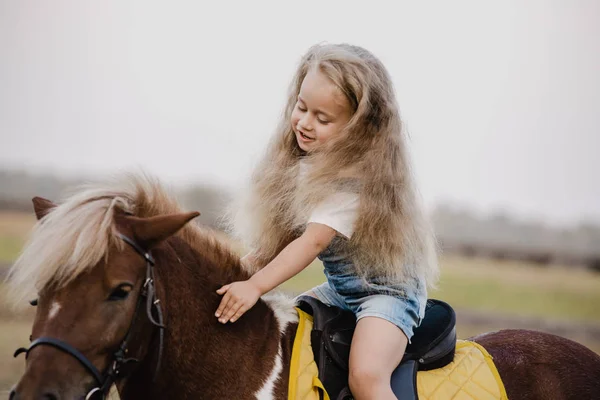 Gadis Kecil Yang Manis Naik Kuda Poni Musim Panas — Stok Foto