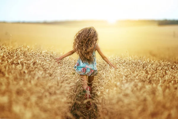 Meisje tiener met lange haren loopt in het veld. Tarwe veld. Freedom concept — Stockfoto