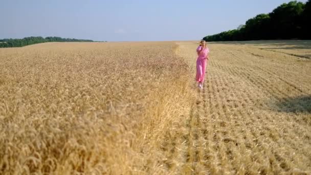 Inspirowana młoda dziewczyna działa i dotyka pszenicy, ciesząc się życiem i naturą — Wideo stockowe