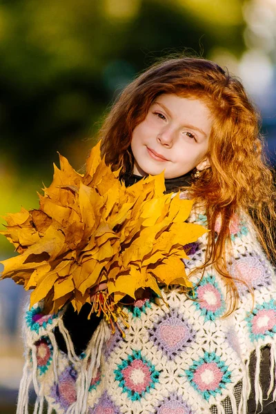 Piękne czerwone głowy dziewczyna gospodarstwa jesienne liście i pozowanie do aparatu fotograficznego, kolorowe zdjęcie — Zdjęcie stockowe