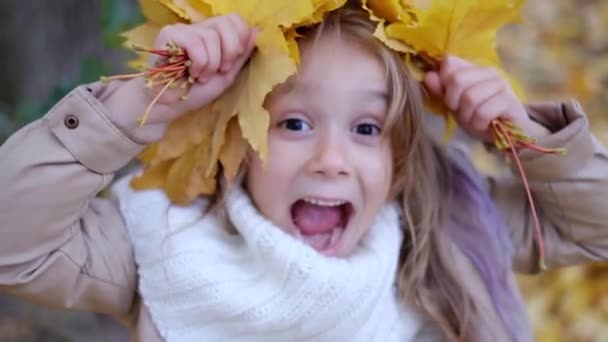 Mädchen Mit Einem Bub Mit Einem Strauß Gelber Blätter Park — Stockvideo