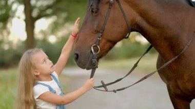 Uzun saçlı şirin küçük kız dışarıda güzel bir atı okşuyor.