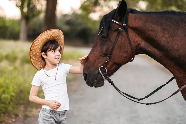 Bonito menino em um chapéu de cowboy acariciando um belo cavalo ao ar livre — Fotografia de Stock