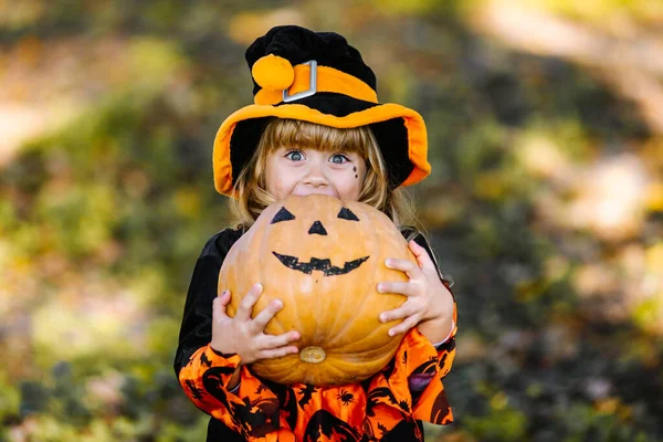 Счастливого Хэллоуина Милая Маленькая Ведьма Тыквой Руках Красивая Маленькая Девочка — стоковое фото