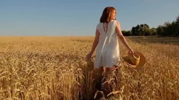 Una joven camina felizmente en cámara lenta a lo largo de un campo amarillo, tocando las espigas de trigo con las manos, levantando su sombrero. Hermosa mujer despreocupada disfrutando de la naturaleza. — Vídeos de Stock