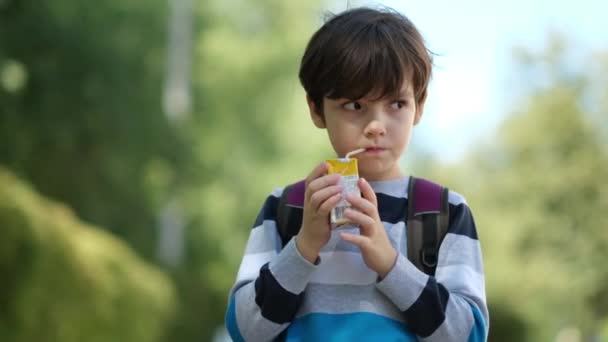 Słoneczny portret ucznia pijącego sok ze słomy na rozmazanym letnim tle — Wideo stockowe