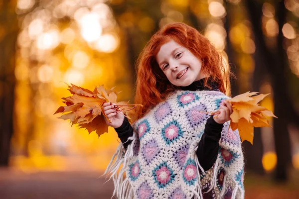 Hermosa chica cabeza roja sosteniendo hojas de otoño y posando para la cámara, foto colorida — Foto de Stock