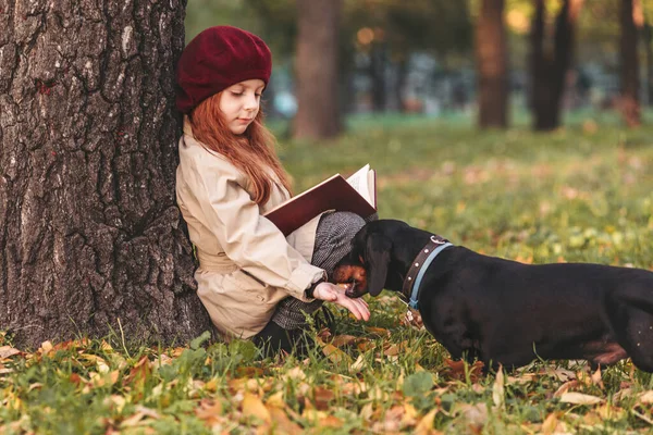 Küçük tatlı bir kız, sonbaharda ve köpeğiyle birlikte parkta bir ağacın altında oturmuş kitap okuyor. Öğrenme konsepti. Retro tarzı. Çocuk modası..
