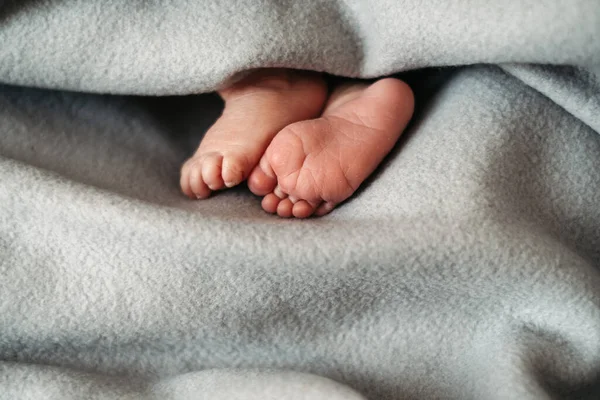 Голые Ноги Милого Новорожденного Теплом Сером Одеяле Детство Маленькие Босые — стоковое фото
