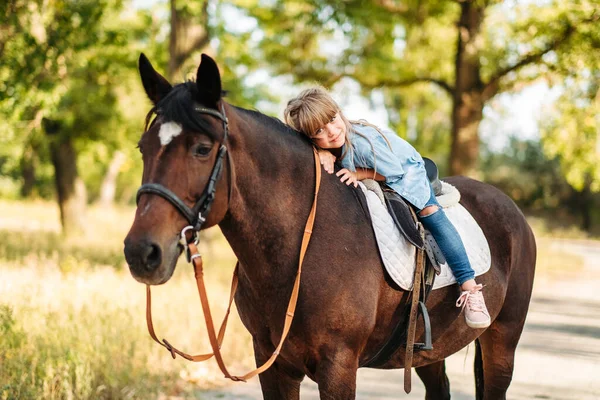 Cute Little Girl Long Hair Riding Horse Outdoors Pet Therapy — Stock Photo, Image